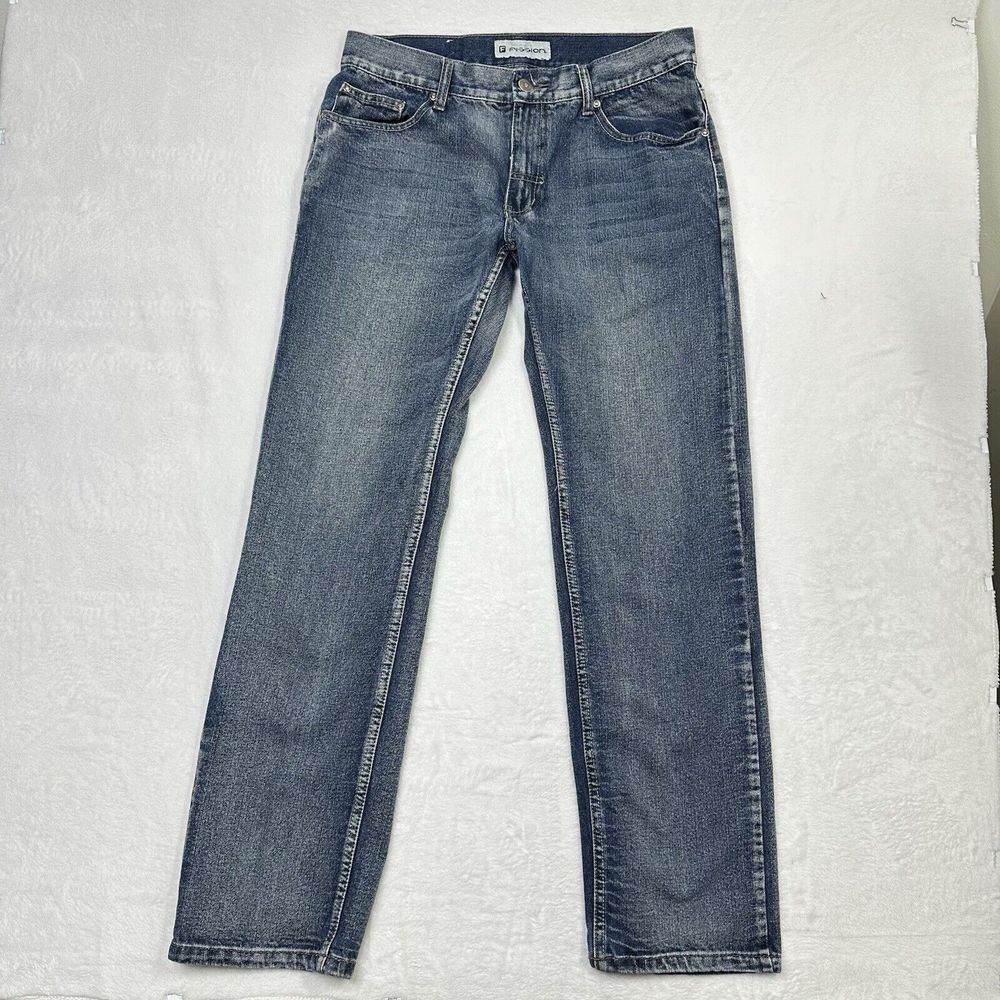 Fission‎ Jeans Mens 34x34 Blue Faded Straight Midrise Whiskered 100% Cotton